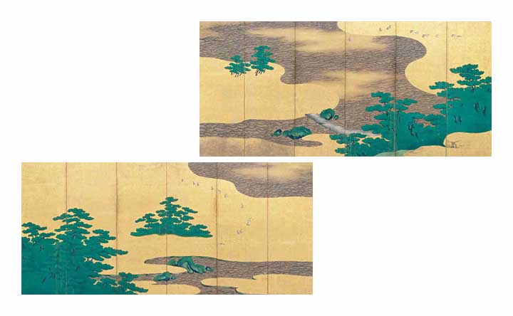 高級松絵柄　屏風台 皇室の美】海北友松「浜松図屏風」 － 金地に濃彩 優美な情趣 | 紡ぐ