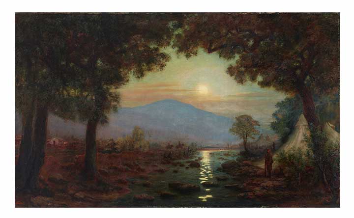 皇室の美】山本芳翠「唐家屯月下之歩哨」― 虹色の光帯びた月暈 独特の